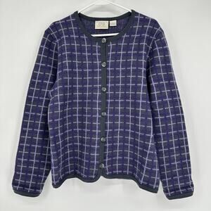 Field Manor Sweater Womens Large Purple Gray Plaid Merino Wool Button Cardigan